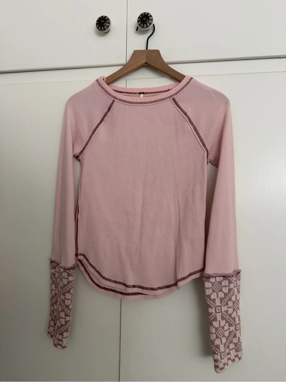 Free People Reversible Pale Pink Long Sleeve Thermal Top with Patterned Cuffs